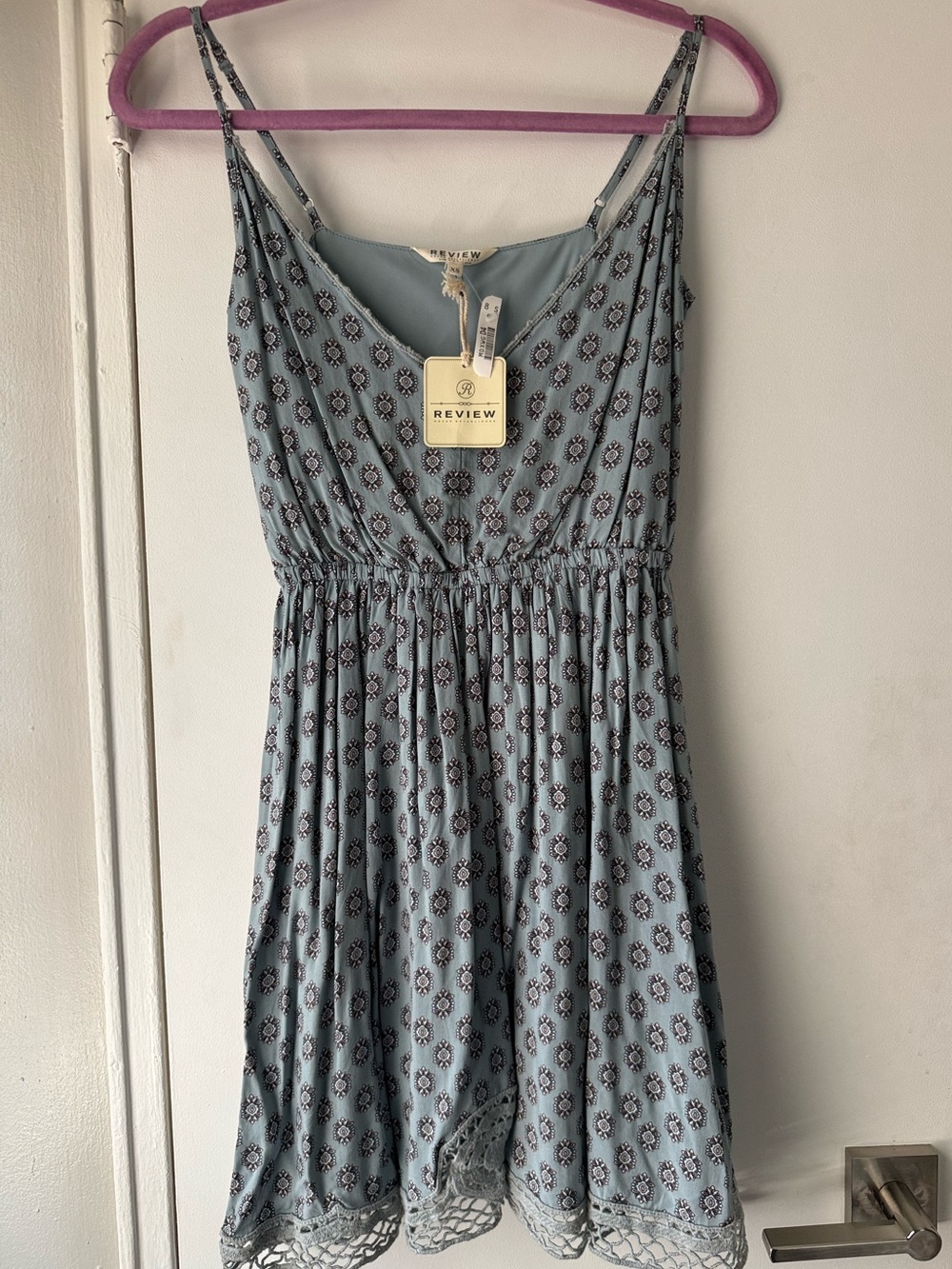 Review Floral Print Sundress Pastel Blue XS $79 Crochet Trim Cottage Core NWT